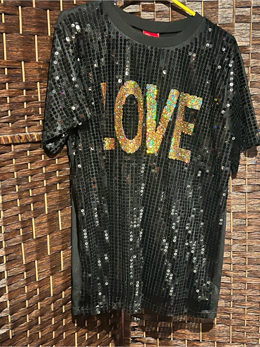 Sequin 'LOVE' Short Sleeve Blouse - Black with Gold Holographic Lettering